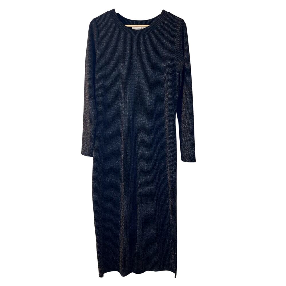 LOFT Long Sleeve Metallic Knit Shimmer Dress - Black Rainbow - Medium